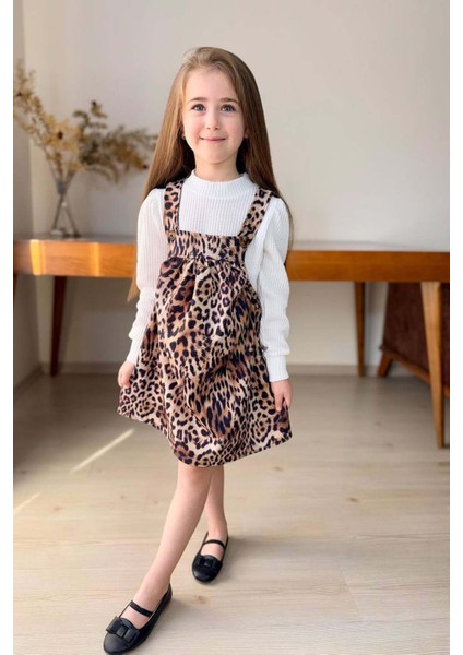 Kız Çocuk Dik Yaka Fitilli Kazak Askılı Leopar Desenli Salopet Takım modelleri