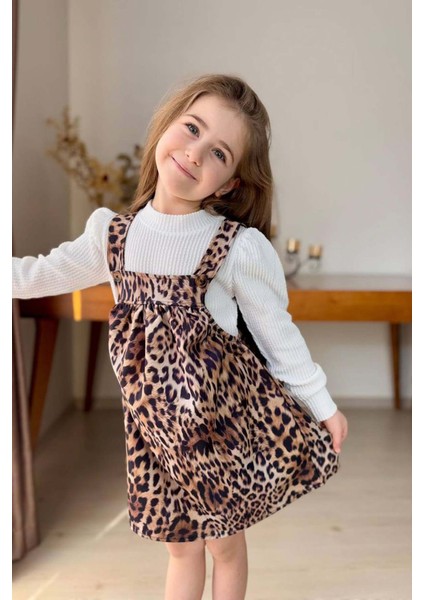 Kız Çocuk Dik Yaka Fitilli Kazak Askılı Leopar Desenli Salopet Takım fırsatları