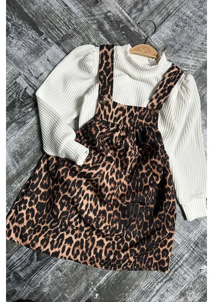 Kız Çocuk Dik Yaka Fitilli Kazak Askılı Leopar Desenli Salopet Takım indirimleri