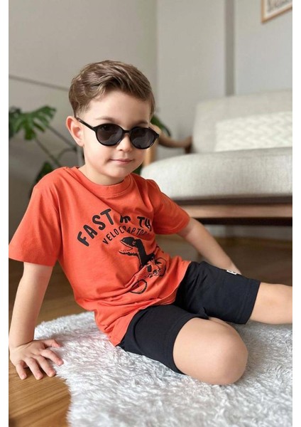 Erkek Çocuk Dinazor ve Bisiklet Baskılı Turuncu T-Shirt Penye Şortlu Takım