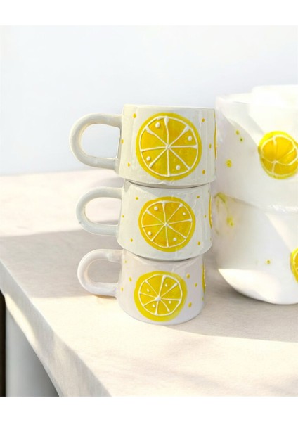 El Yapımı Limon Desenli 3'lü Seramik Kupa