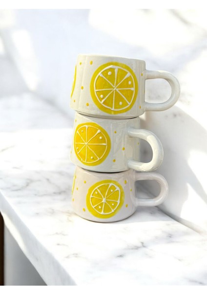 El Yapımı Limon Desenli 3'lü Seramik Kupa