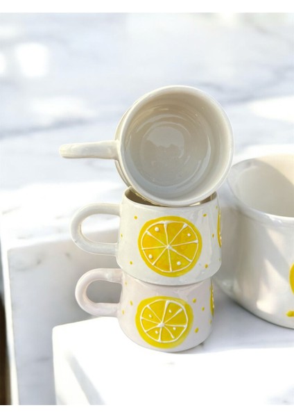 El Yapımı Limon Desenli 3'lü Seramik Kupa