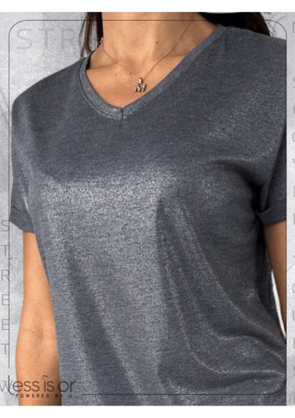 Koyu Gri / Antrasit Renk Parlak V Yaka Kısa Kollu Basic Tshirt