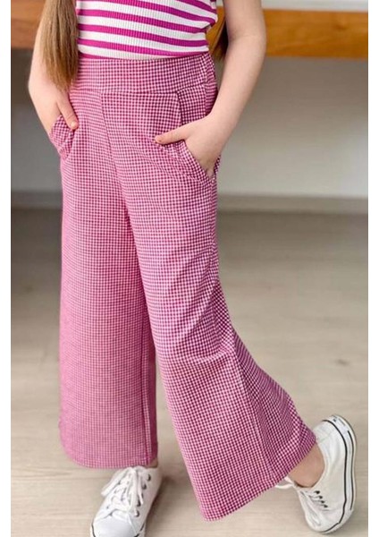 Kız Çocuk Yatay Çizgiler Kolsuz Omuzları Fırfırlı Bluz Pötikare Kumaş Pantolon Pembe Alt Üst Takım