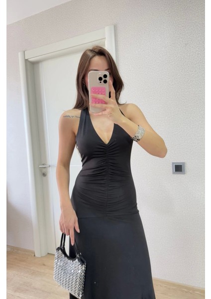 Sırt Dekolteli Uzun Kollu Elbise - Siyah fiyatları