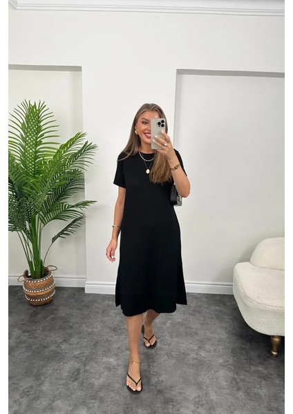 Aknbutik Kadın Kısa Kollu Yırtmaç Detaylı Salaş Viskon Elbise modelleri