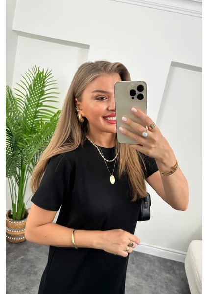 Aknbutik Kadın Kısa Kollu Yırtmaç Detaylı Salaş Viskon Elbise fırsatları