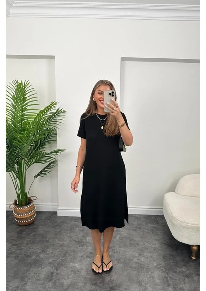 Miracotton Kadın Kısa Kollu Yırtmaç Detaylı Salaş Viskon Elbise fiyatları