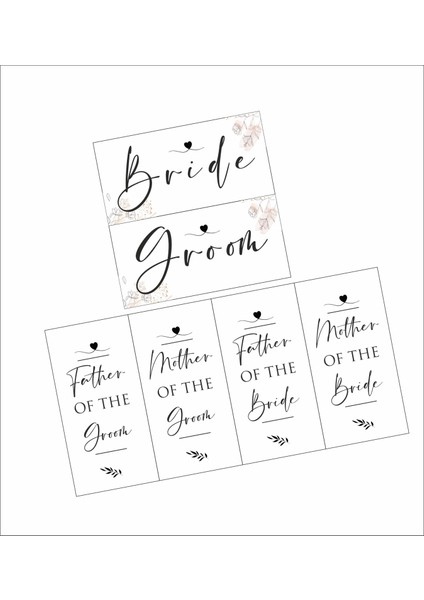 Bride Groom ve Ailesi Sandalye Etiketi, Düğün Oturma Kartı 10X20 cm 6 Adet