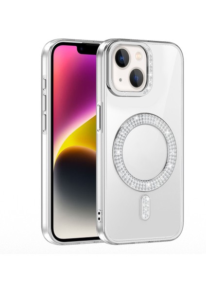 iPhone 13/14 Kılıf Pırlanta Taş Tasarımlı M-Safe Şarj Özellikli Karetta Silikon Kapak