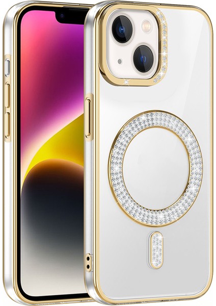 iPhone 13/14 Kılıf Pırlanta Taş Tasarımlı M-Safe Şarj Özellikli Karetta Silikon Kapak