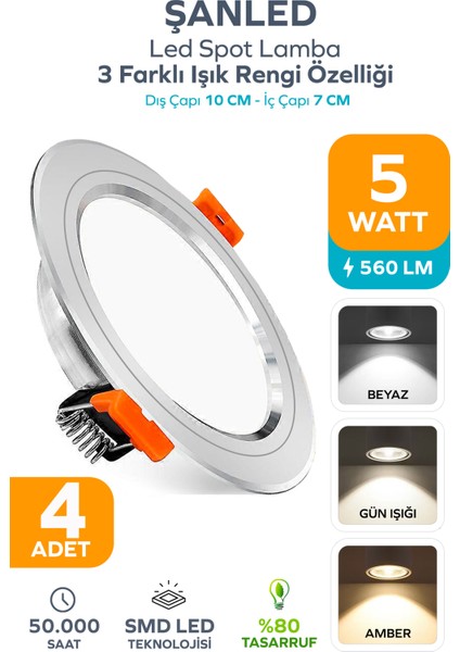 5W 3 Renkli(Beyaz,Günışığı,Amber)Beyaz Krom Kasa Led Spot Lamba- 4 ADETTİR