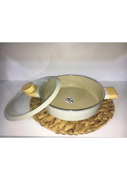 16 cm Bej Silikon Cam Kapak ve Ahşap Kulp