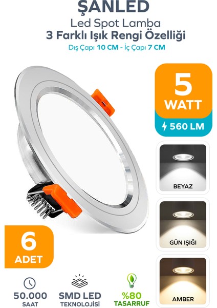 5W 3 Renkli(Beyaz,Günışığı,Amber)Beyaz Krom Kasa Led Spot Lamba-6 ADETTİR