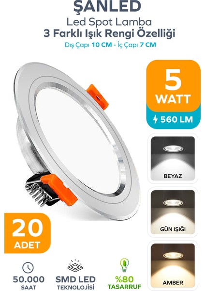 5W 3 Renkli(Beyaz,Günışığı,Amber)Beyaz Krom Kasa Led Spot Lamba-20 ADETTİR