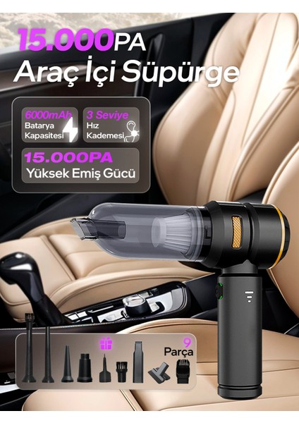Güçlü Vakumlu Oto Süpürgesi Elektrik Süpürgesi Şarjlı El Süpürgesi Çok Fonksiyonlu 3 Kademeli Araba Süpürgesi 15000PA Güçlü Oto Süpürge Araç Süpürge Araç Süpürgesi