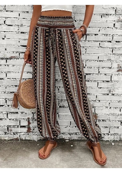 Kadın Yüksek Bel Etnik Desenli Geniş Dökümlü Bürümcük Pantolon