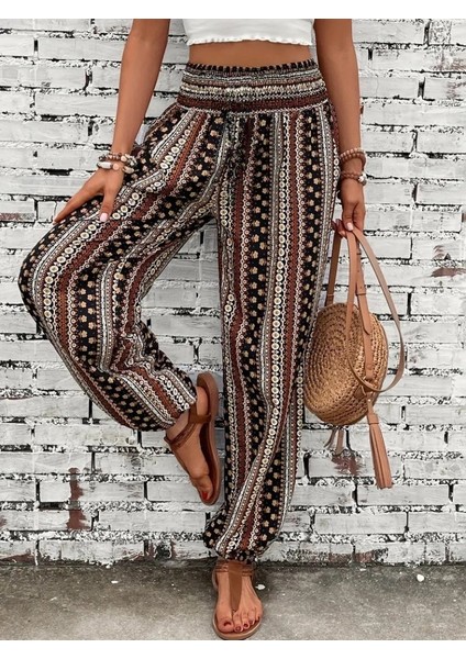 Kadın Yüksek Bel Etnik Desenli Geniş Dökümlü Bürümcük Pantolon fiyatları