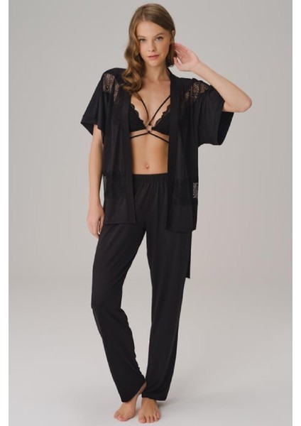 Ip Askılı V Yaka Düz Yazlık Uzun Dantel Detaylı Pijama Takımı Sabahlık modelleri