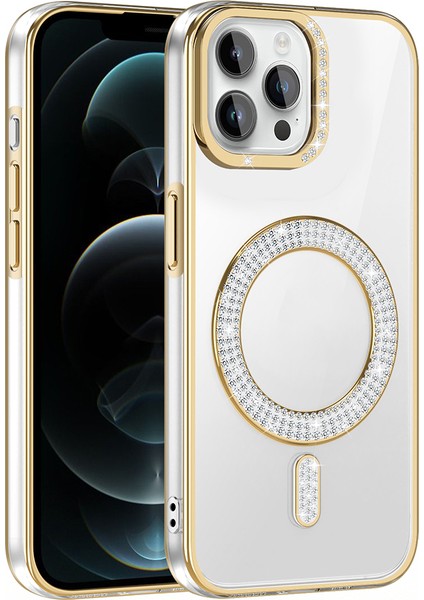 iPhone 12 Pro Kılıf Pırlanta Taş Tasarımlı M-Safe Şarj Özellikli Karetta Silikon Kapak