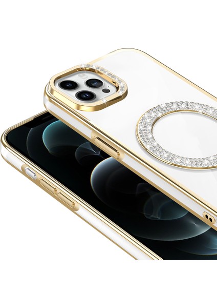 iPhone 12 Pro Kılıf Pırlanta Taş Tasarımlı M-Safe Şarj Özellikli Karetta Silikon Kapak