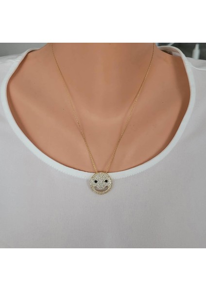 925 Ayar Gümüş Gülen Yüz Kolye, Sarı - Beyaz Mavi Taş