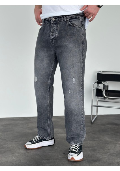 Erkek Baggy Fit Yırtık Detaylı Jean Kot Pantolon Antrasit modelleri