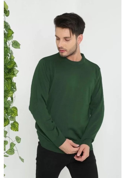 Unisex Uzun Kol Biskilet Yaka Dokuma Triko - Haki