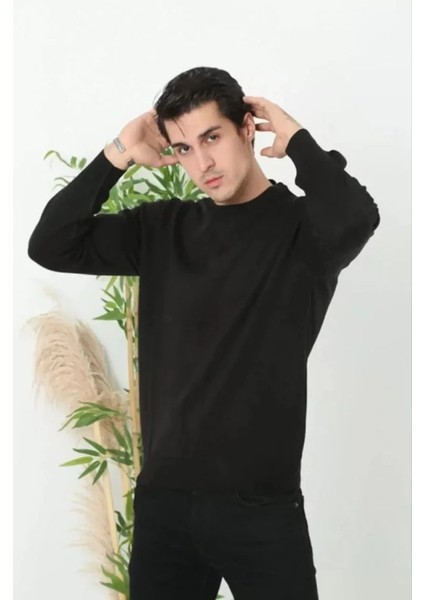 Unisex Uzun Kol Biskilet Yaka Dokuma Triko - Siyah