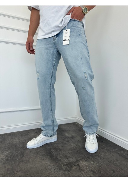Erkek Baggy Fit Yırtık Detaylı Jean Kot Pantolon Buz Mavi