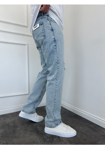 Erkek Baggy Fit Yırtık Detaylı Jean Kot Pantolon Buz Mavi