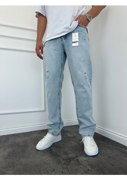 Erkek Baggy Fit Yırtık Detaylı Jean Kot Pantolon Buz Mavi