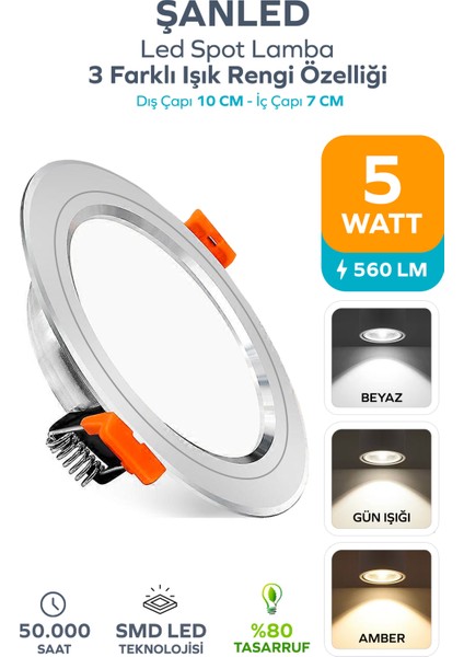 5W 3 Renkli(Beyaz,Günışığı,Amber)Beyaz Krom Kasa Led Spot Lamba- 1 ADETTİR indirimleri