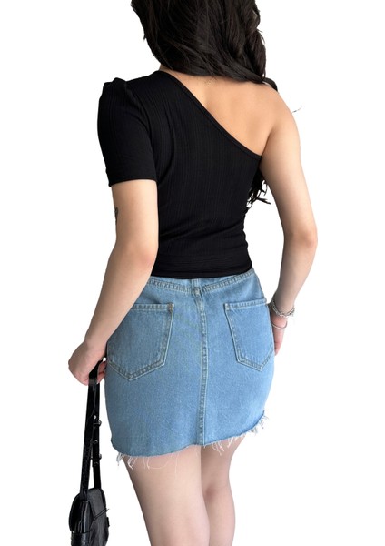 Tek Omuz Zincir Detaylı Crop Bluz Fitilli Siyah Kadın Bluz fiyatları
