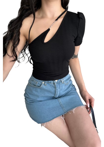 Tek Omuz Zincir Detaylı Crop Bluz Fitilli Siyah Kadın Bluz indirimleri