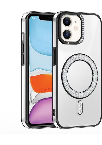 iPhone 11 Kılıf Pırlanta Taş Tasarımlı M-Safe Şarj Özellikli Karetta Silikon Kapak