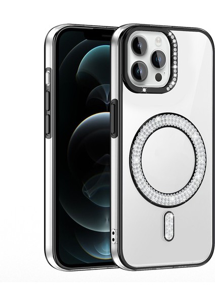 iPhone 12 Kılıf Pırlanta Taş Tasarımlı M-Safe Şarj Özellikli Karetta Silikon Kapak