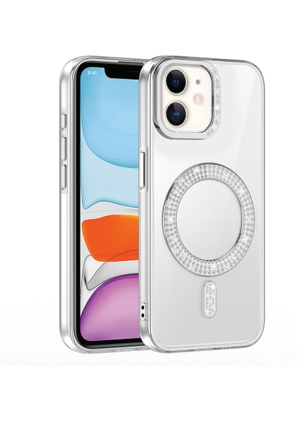 iPhone 11 Kılıf Pırlanta Taş Tasarımlı M-Safe Şarj Özellikli Karetta Silikon Kapak