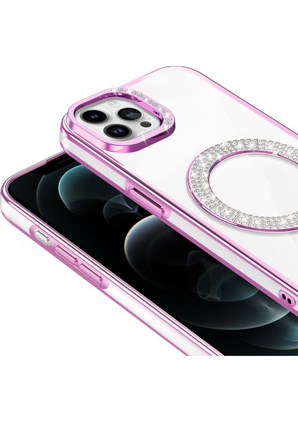 iPhone 12 Kılıf Pırlanta Taş Tasarımlı M-Safe Şarj Özellikli Karetta Silikon Kapak