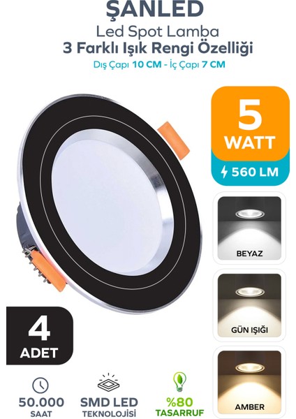 5W 3 Renkli(Beyaz,Günışığı,Amber)Siyah Krom Kasa Led Spot Lamba- 4 ADETTİR
