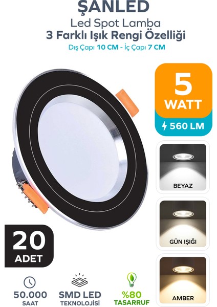 5W 3 Renkli(Beyaz,Günışığı,Amber)Siyah Krom Kasa Led Spot Lamba-20 ADETTİR