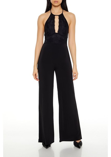Dantel Halter Yaka Wide-Leg Tulum