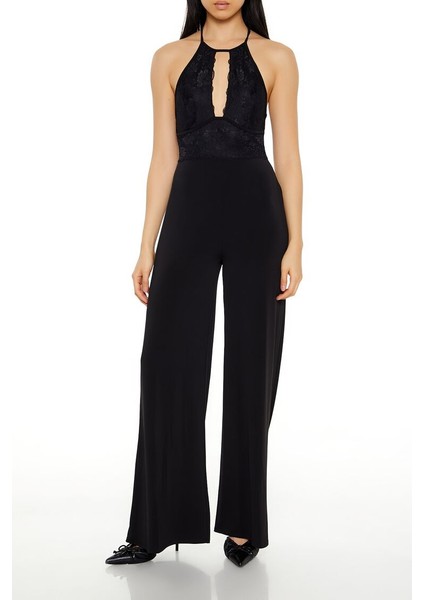 Dantel Halter Yaka Wide-Leg Tulum