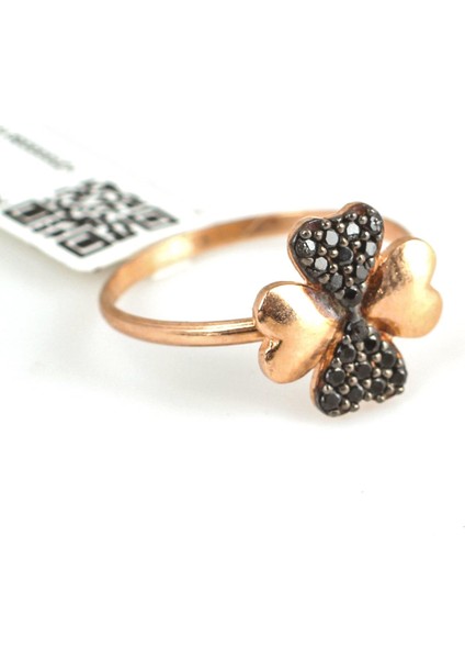 925 Ayar Gümüş Kalpli Yonca Modeli Yüzük Pembe - Siyah Taş fiyatları