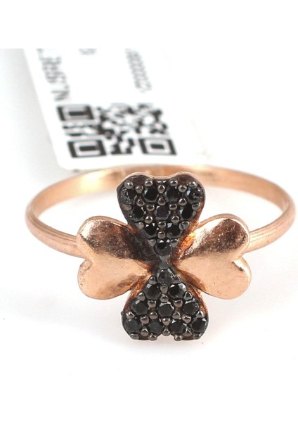 925 Ayar Gümüş Kalpli Yonca Modeli Yüzük Pembe - Siyah Taş modelleri