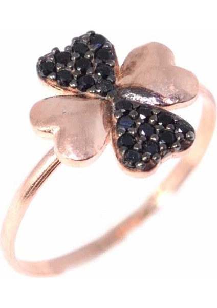 925 Ayar Gümüş Kalpli Yonca Modeli Yüzük Pembe - Siyah Taş fırsatları