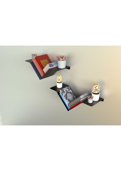 Modern Üçgen Metal Duvar Rafı, Dekoratif Kitaplık ve Saksılık, Siyah, Minimalist Tasarım 2 Li Model