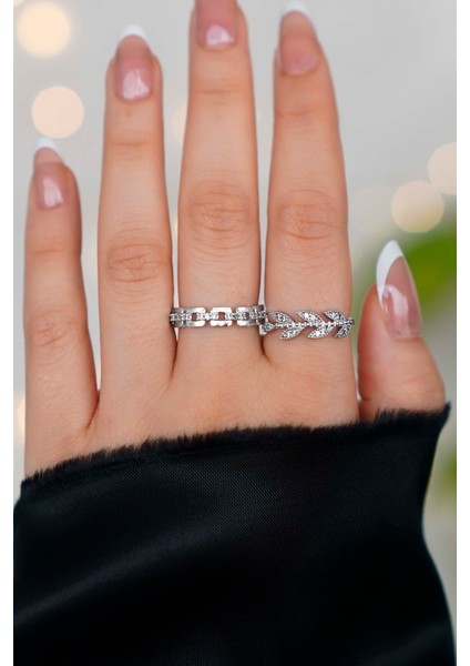 Taşlı Ayarlanabilir 2'li Gümüş Kadın Yüzük