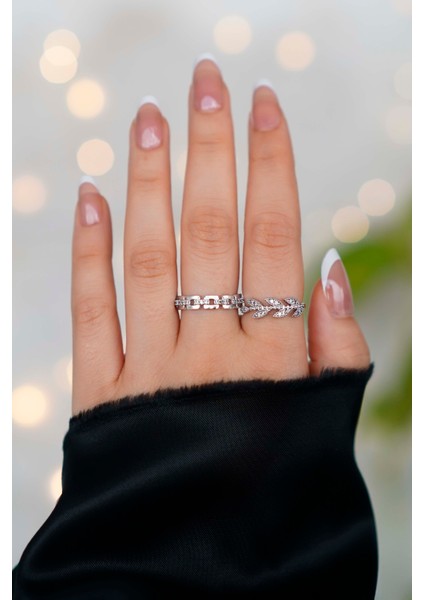 Taşlı Ayarlanabilir 2'li Gümüş Kadın Yüzük fiyatları